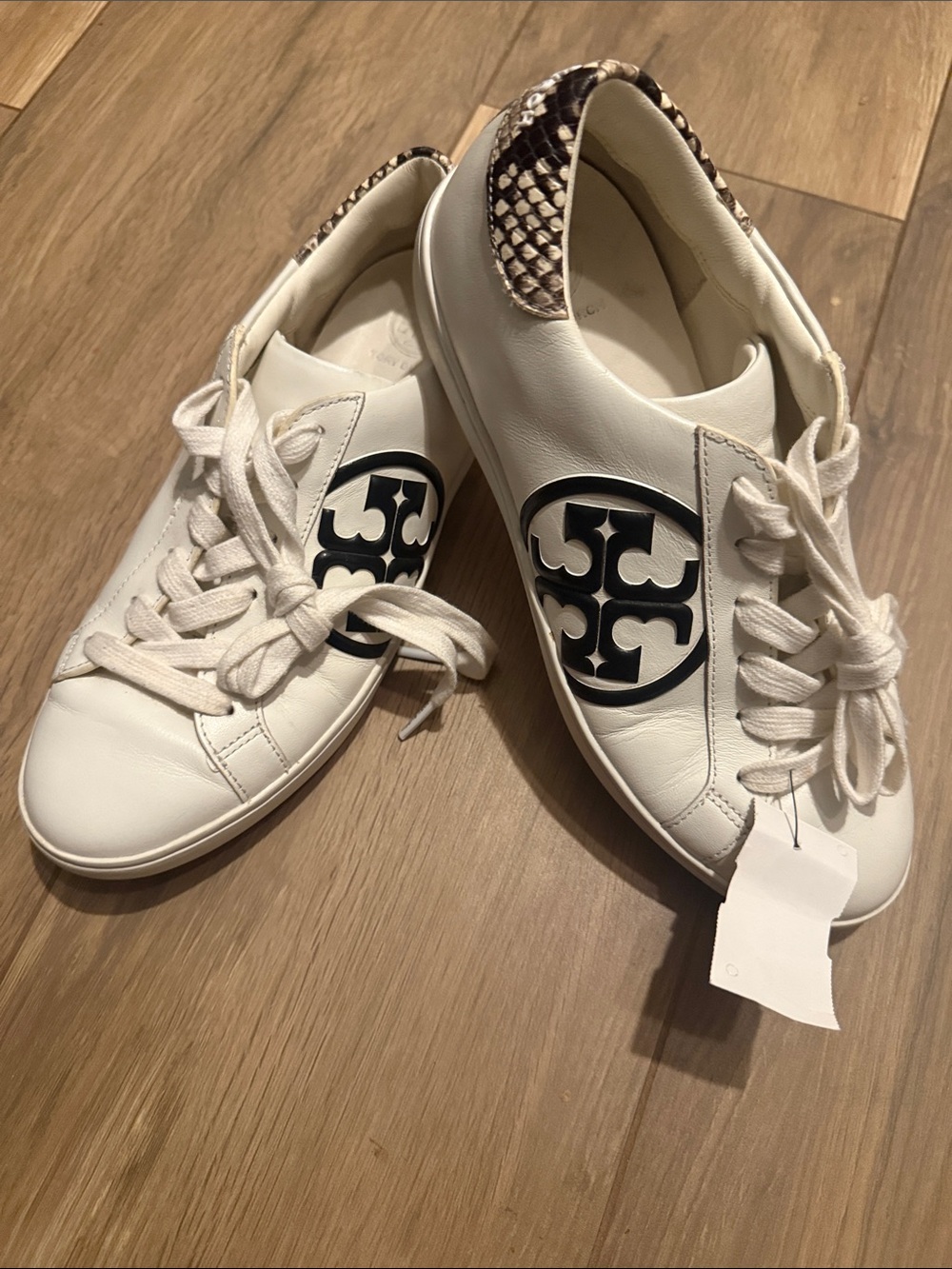 Tory Burch White Leather Sneakers with Black Logo and Snake-Print Heel